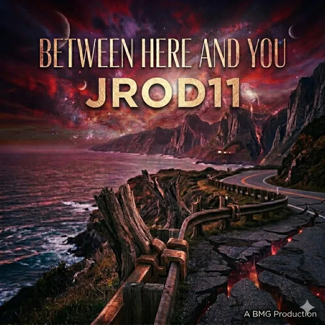 “Between Here and You” cover art — a winding coastal road at dusk beneath a red cosmic sky