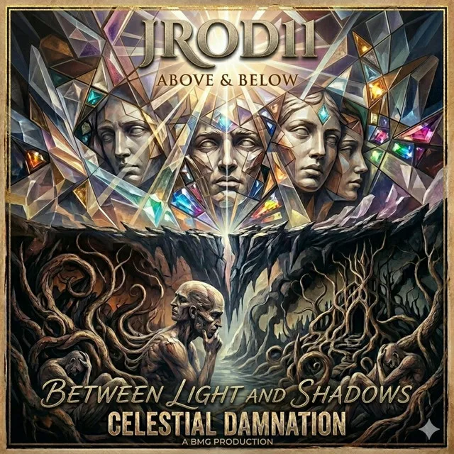 “Between Light and Shadows” cover art — mirrored stone faces set in crystal above roots and a meditating figure: “Above & Below — Celestial Damnation”
