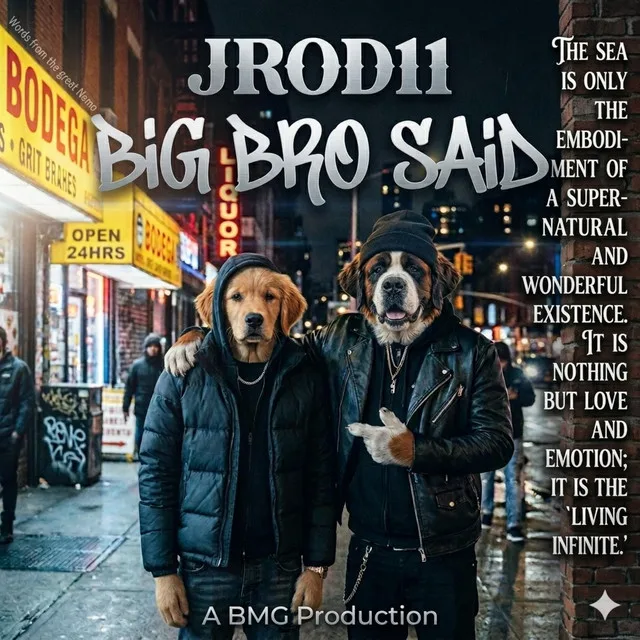 “Big Bro Said (Words From The Great Nimo)” cover art — two dogs in puffer jackets and chains standing on a city corner outside a bodega
