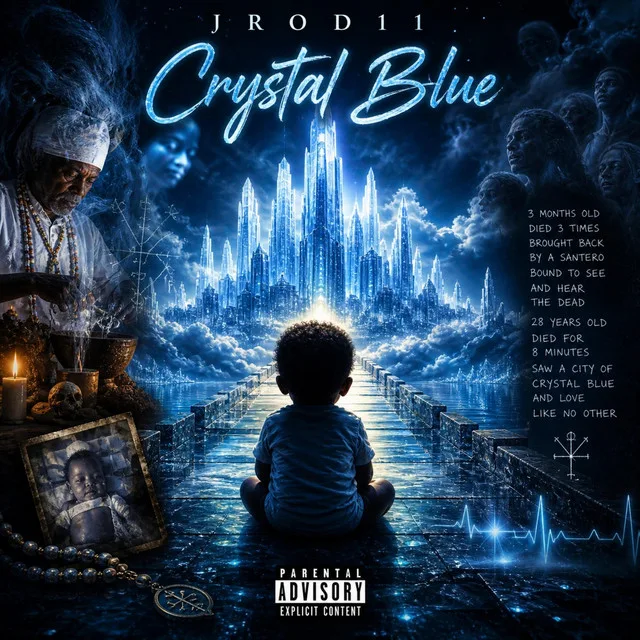 “Crystal Blue” cover art — a small child sitting before a glowing blue crystal city rising from dark water