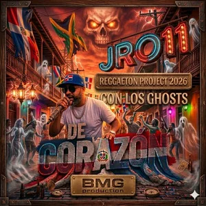 “De Corazón” cover art — JC performing in a Caribbean street as ghosts dance around him, flags overhead and a fiery face in the smoke: “Reggaeton Project 2026 — Con Los Ghosts”