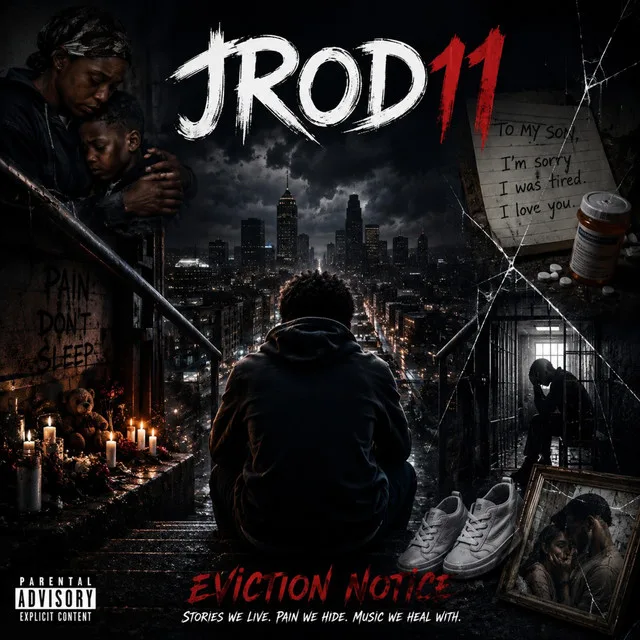 “Eviction Notice” cover art — a man carrying a child up dark stairs above a hooded figure and a city at night: “Stories we live. Pain we hide. Music we heal with.”