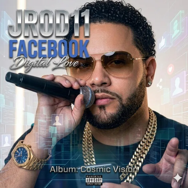“FACEBOOK DIGITAL LOVE (ORIGINAL)” cover art — JC singing into a microphone in sunglasses and a gold chain, app icons floating around him