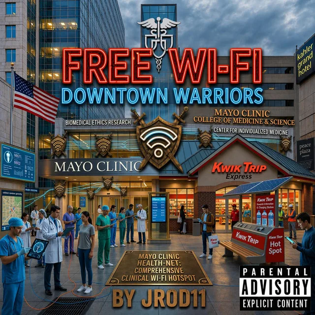 “Free Wi-Fi Downtown Warriors” cover art — a busy Rochester street outside Mayo Clinic and a Kwik Trip, a Wi-Fi symbol over the crowd