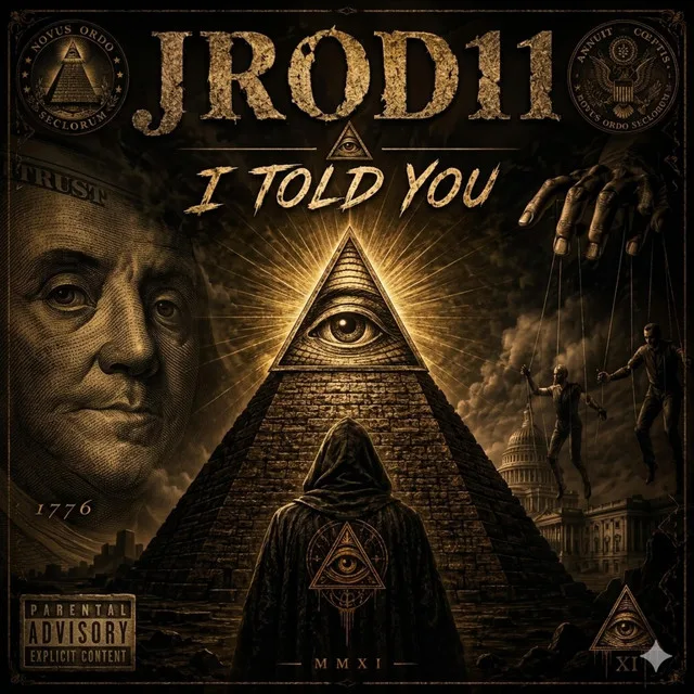 “I Told You” cover art — a hooded figure before a pyramid with an all-seeing eye, Benjamin Franklin’s portrait and puppet strings behind him