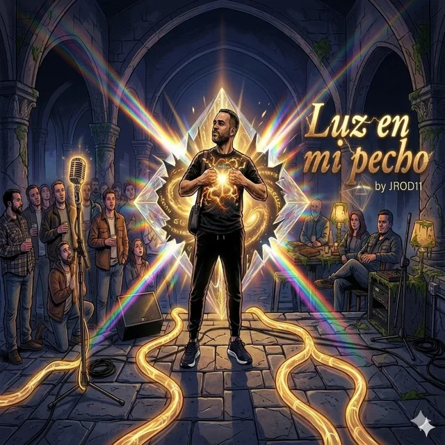 “Luz en mi pecho” cover art — JC standing in a cathedral archway, golden light bursting from his chest as a crowd watches