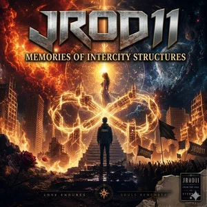 “Memories of the Intercity Struggles” cover art — a lone figure before a burning city, a golden infinity loop of fire, and a woman wreathed in cosmic light