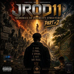 “Memories of the Intercity Struggles, Pt. 2” cover art — a young man seen from behind, his shirt reading “I see. I feel. I speak. I act. We rise.”, facing a glowing figure between protest signs and a sunlit tree