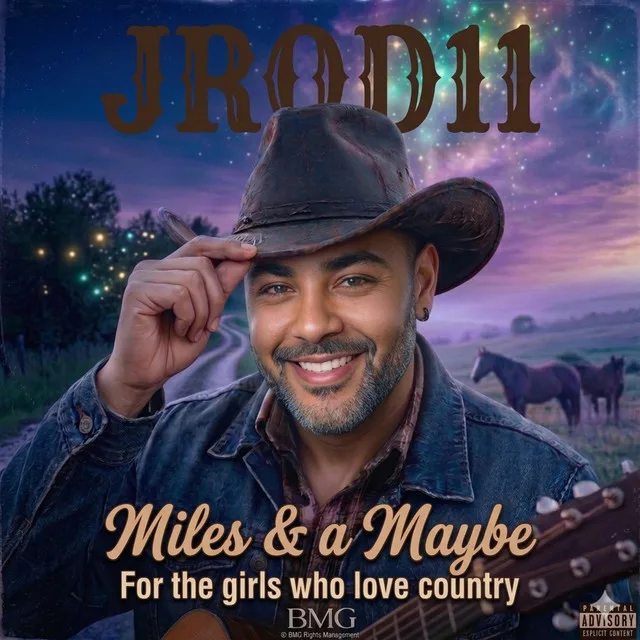 “Miles & a Maybe” cover art — JC smiling in a cowboy hat at dusk, horses behind him: “For the girls who love country”