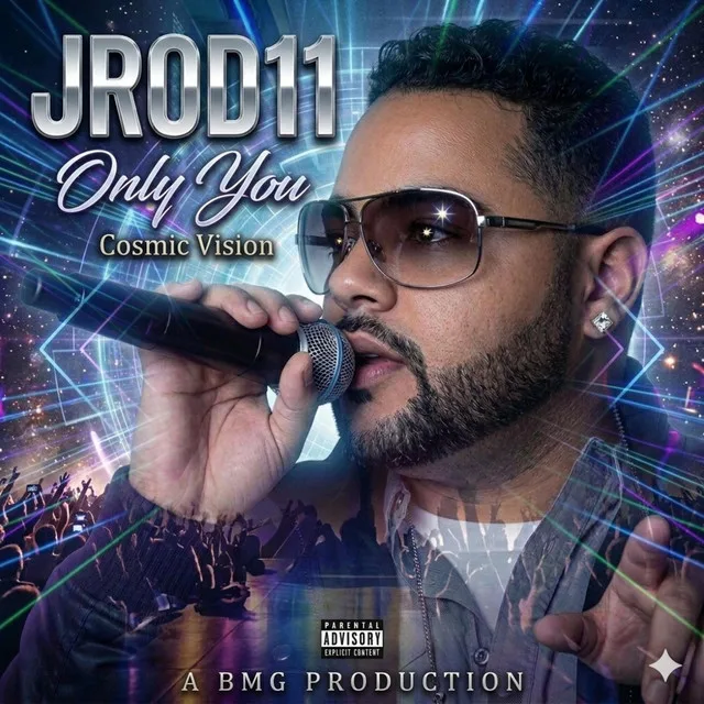 “Only You” cover art — JC singing into a microphone in sunglasses under cosmic purple stage lights: “Cosmic Vision”