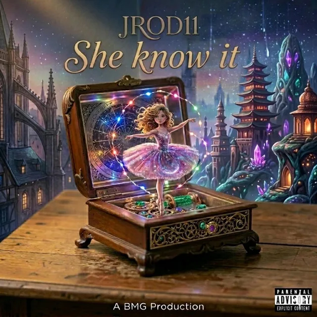 “She know it” cover art — a ballerina dancing inside a jeweled music box before a fantasy palace