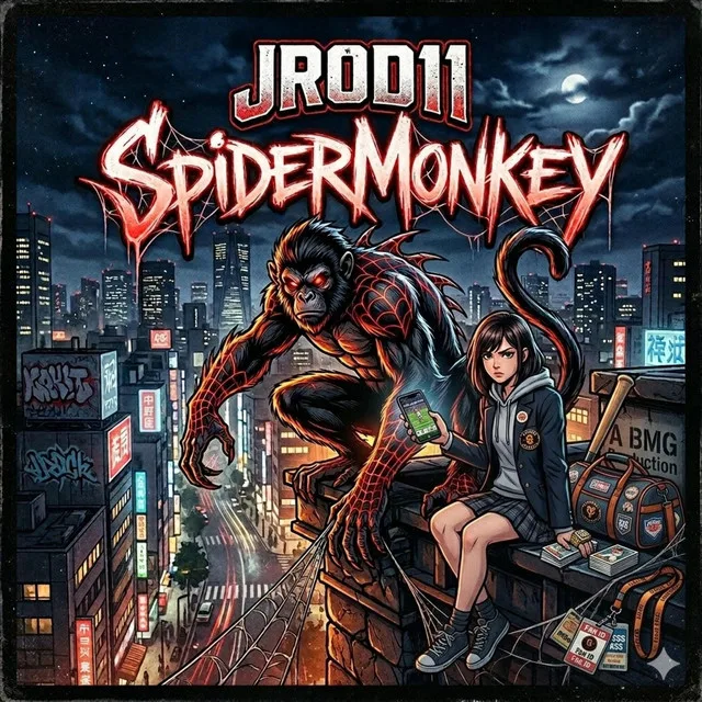 “SpiderMokey” cover art — a spider-themed hero crouched on a rooftop over a neon city, a young woman seated beside him