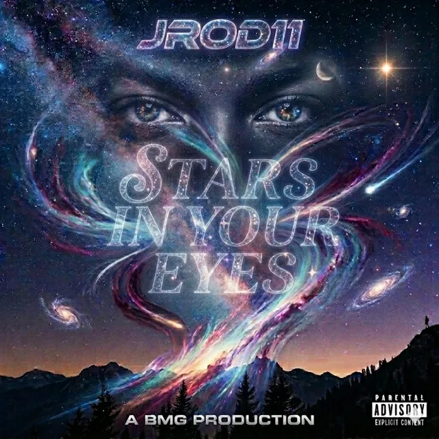 “Stars In Our Eyes” cover art — a woman’s eyes in a cosmic sky, galaxies swirling through her hair above mountain silhouettes