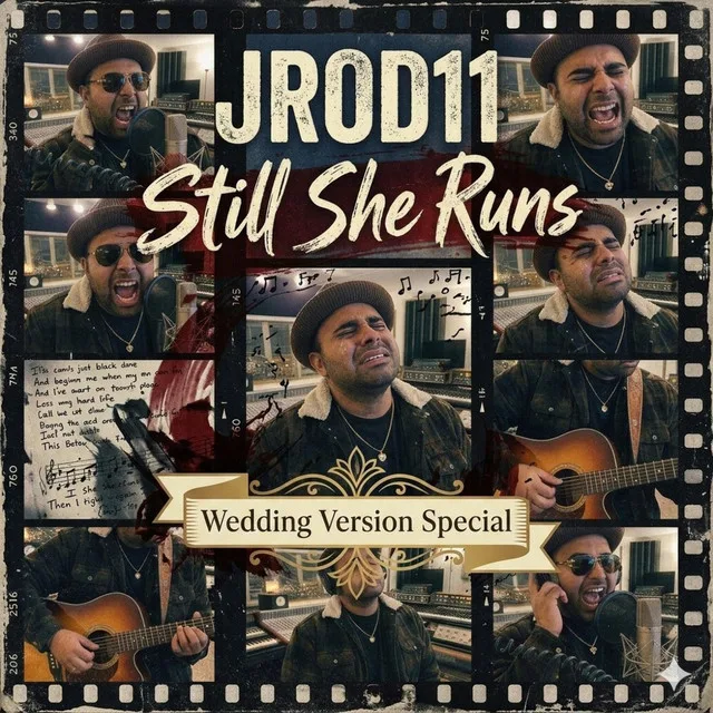 “Still She Runs (Special Version – Wedding)” cover art — a film strip of JC singing and playing guitar with friends