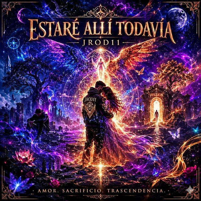 “Todavia Alli Estare” cover art — a hooded figure with fiery phoenix wings embracing a woman in a cosmic purple garden before a glowing doorway: “Estaré allí todavía — amor, sacrificio, trascendencia”