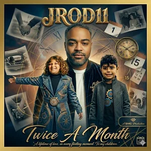 “Twice a Month” cover art — JC with two children among old photographs, film strips, and clocks