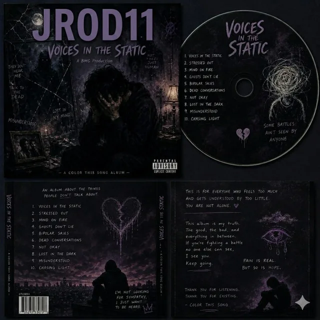 “Voices In the Static” cover art — the CD and booklet laid out in dark purple, a broken heart drawn in static