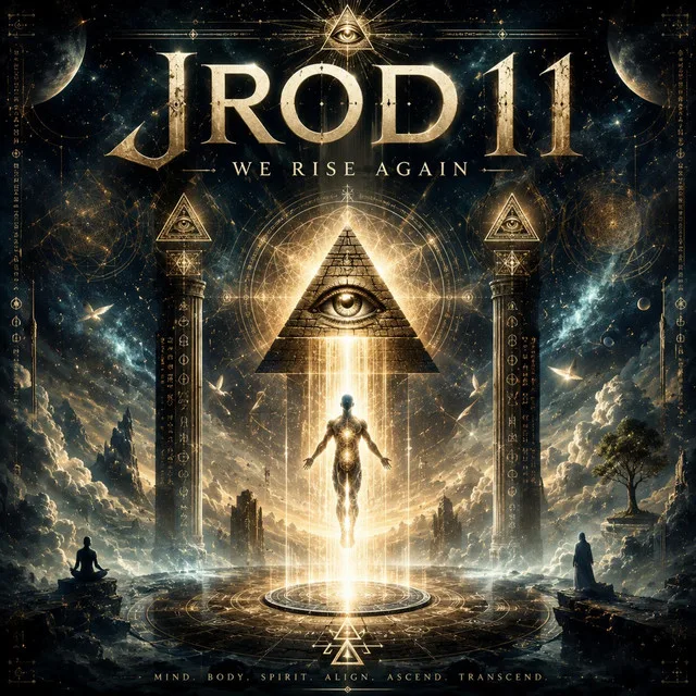 “We Rise Again” cover art — a golden pyramid portal with an all-seeing eye, a figure ascending into its light beneath storm clouds